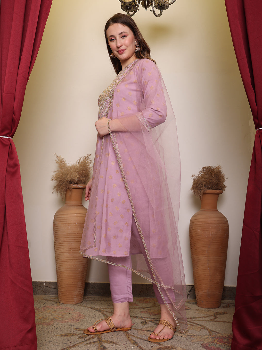 Silk Blend Embroidered Round Neck Kurta, Pant and Dupatta Set