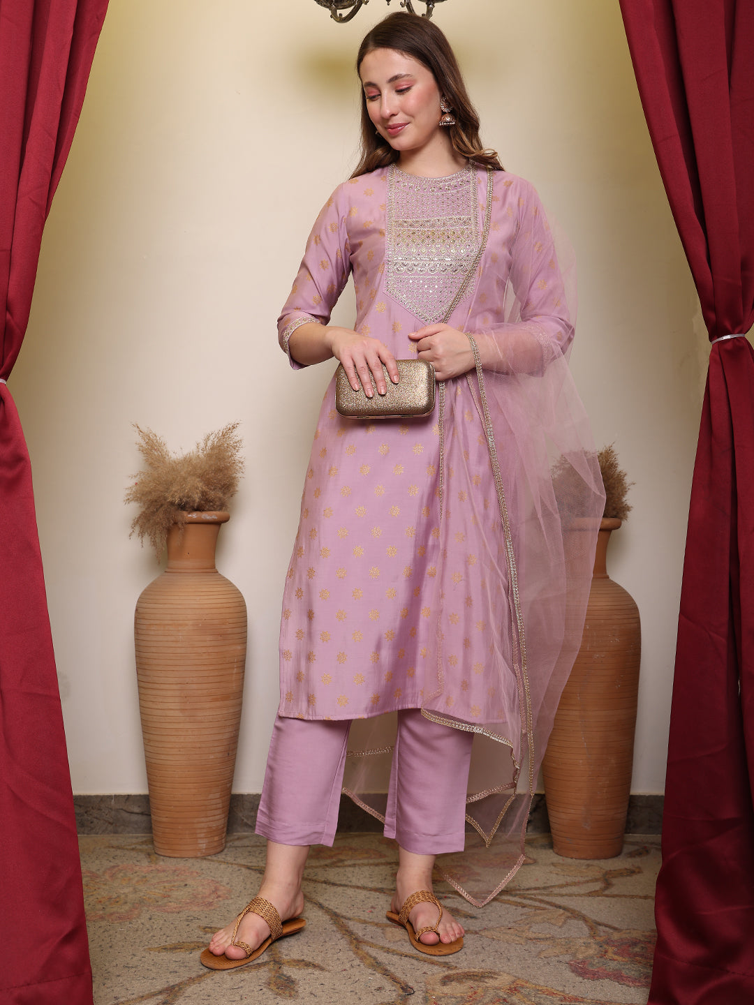 Silk Blend Embroidered Round Neck Kurta, Pant and Dupatta Set