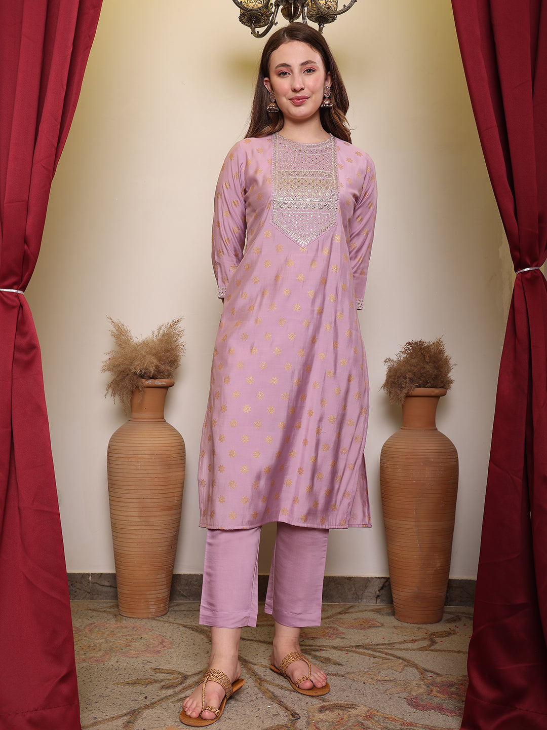Silk Blend Embroidered Round Neck Kurta, Pant and Dupatta Set
