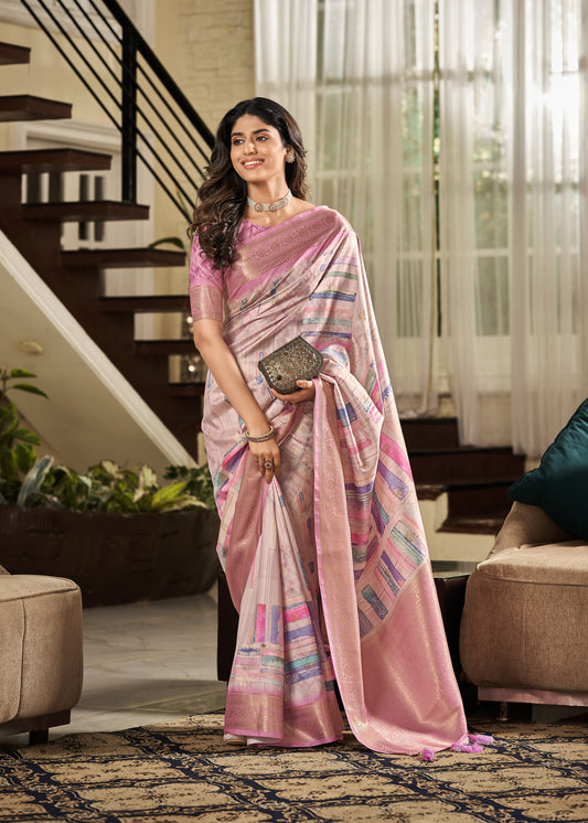 Soft Pink printed Silk Saree with Unstitched Blouse Piece