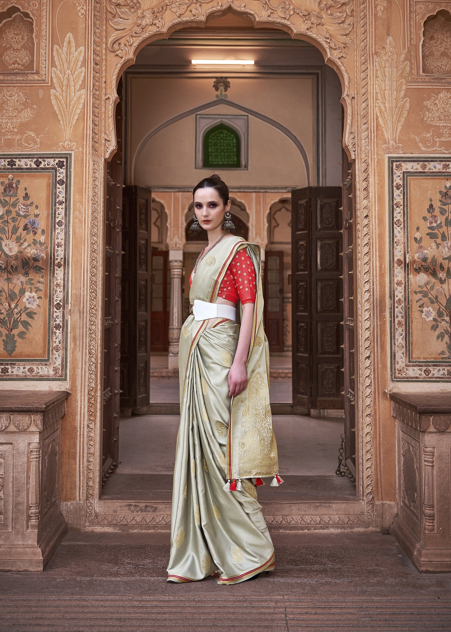Golden Grey Pure Satin Saree with Zari Weaving Border and Unstitched Blouse Piece