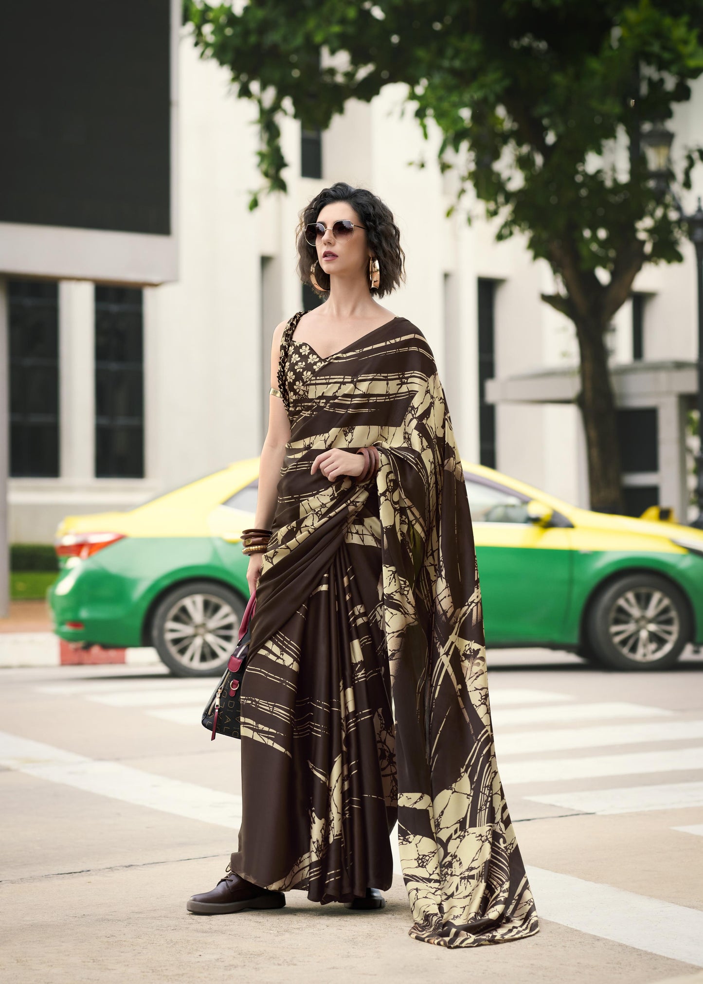 Digital Printed Satin Saree with Unstiched Blouse