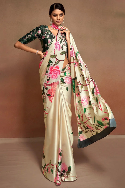 Digital Printed Satin Saree with Unstiched Blouse