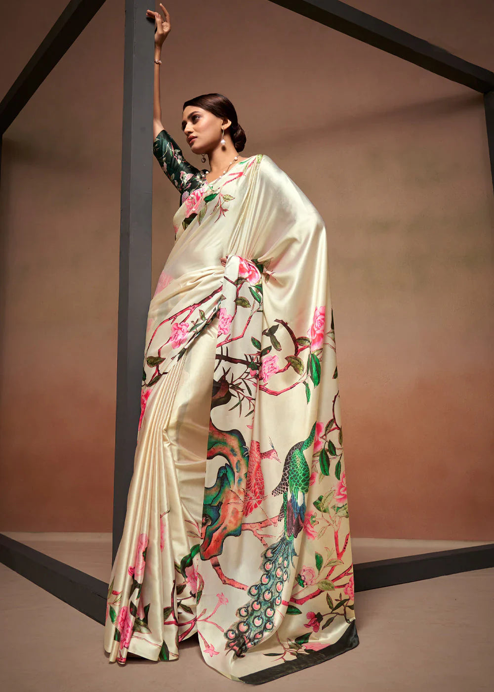 Digital Printed Satin Saree with Unstiched Blouse