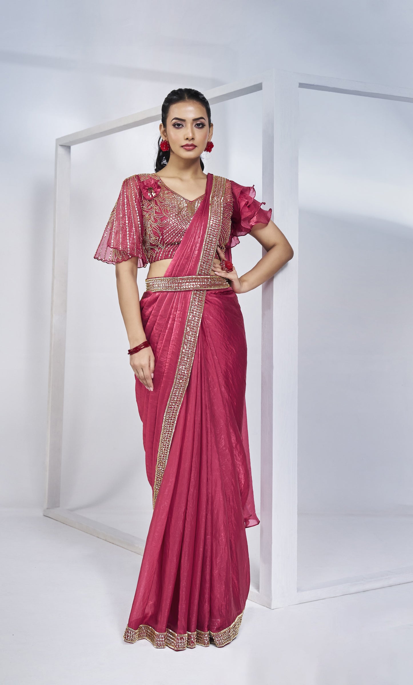 Pre-draped Two Tone Carrot Pink Satin Silk Saree with Blouse