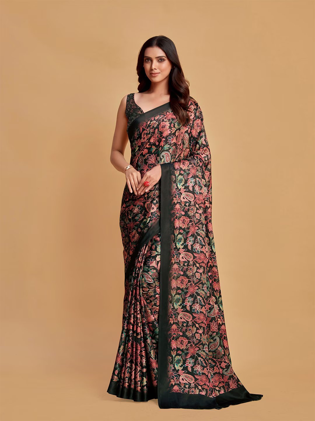 Digital Printed Satin Saree with Unstiched Blouse