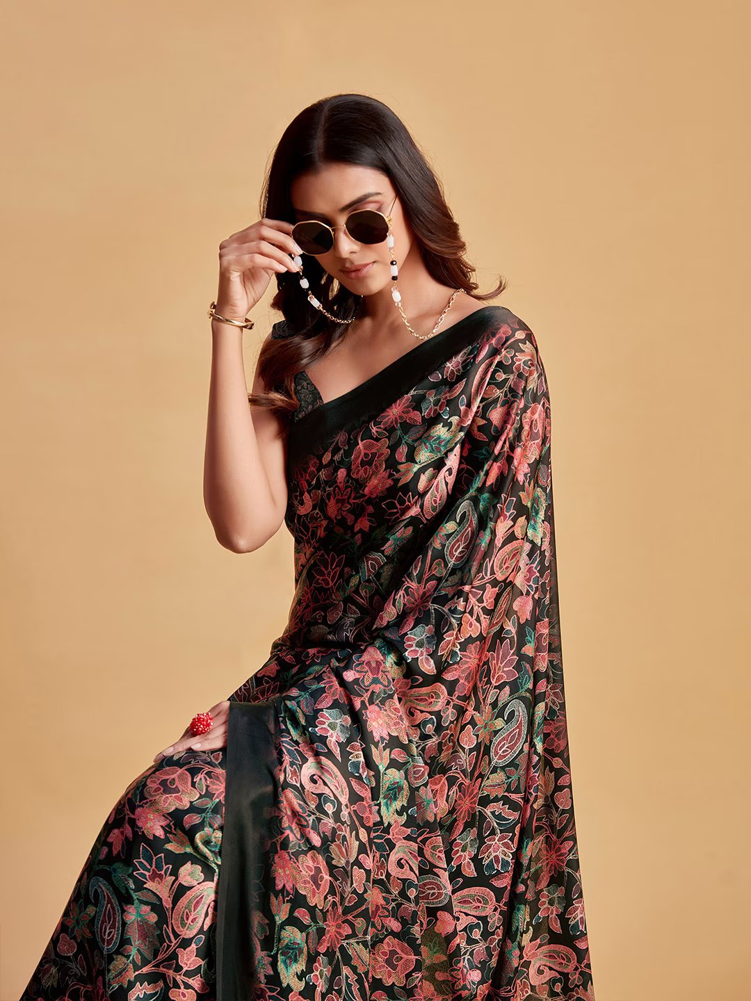 Digital Printed Satin Saree with Unstiched Blouse