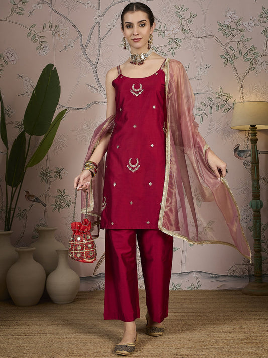 Berry Red Silk Blend Kurta, Pant and Net Dupatta set
