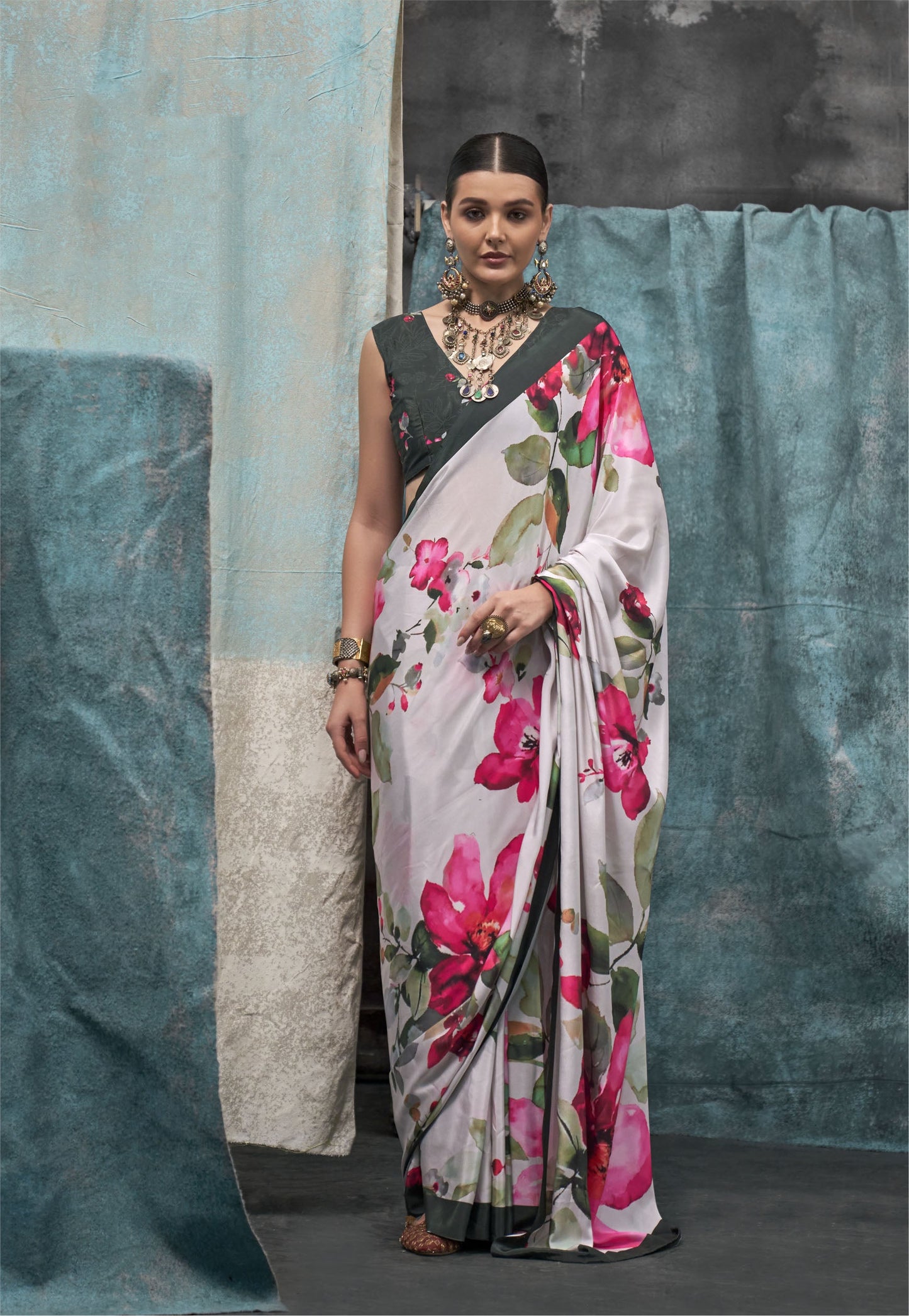 Digital Printed Satin Saree with Unstiched Blouse