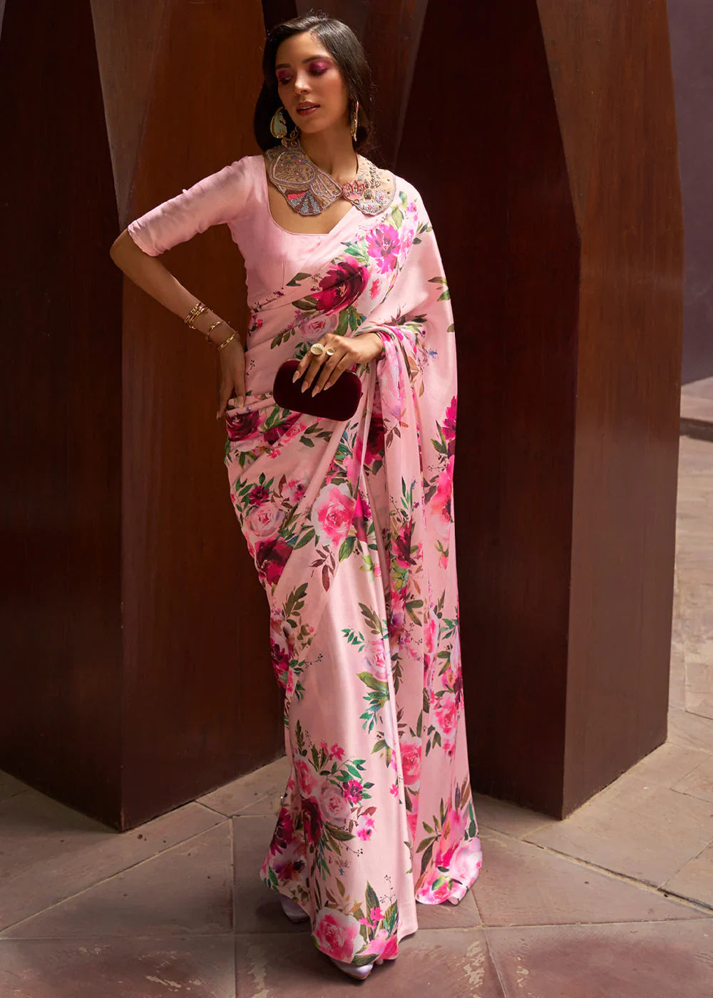 Digital Printed Satin Saree with Unstiched Blouse