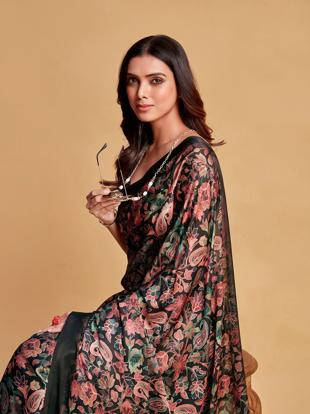 Digital Printed Satin Saree with Unstiched Blouse