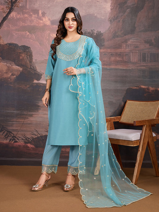 Aqua Blue Silk Blend Kurta, Pants & Net Dupatta Set