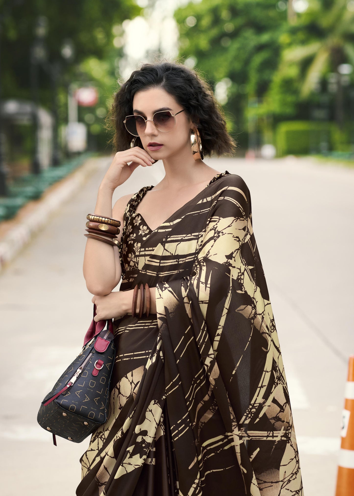 Digital Printed Satin Saree with Unstiched Blouse