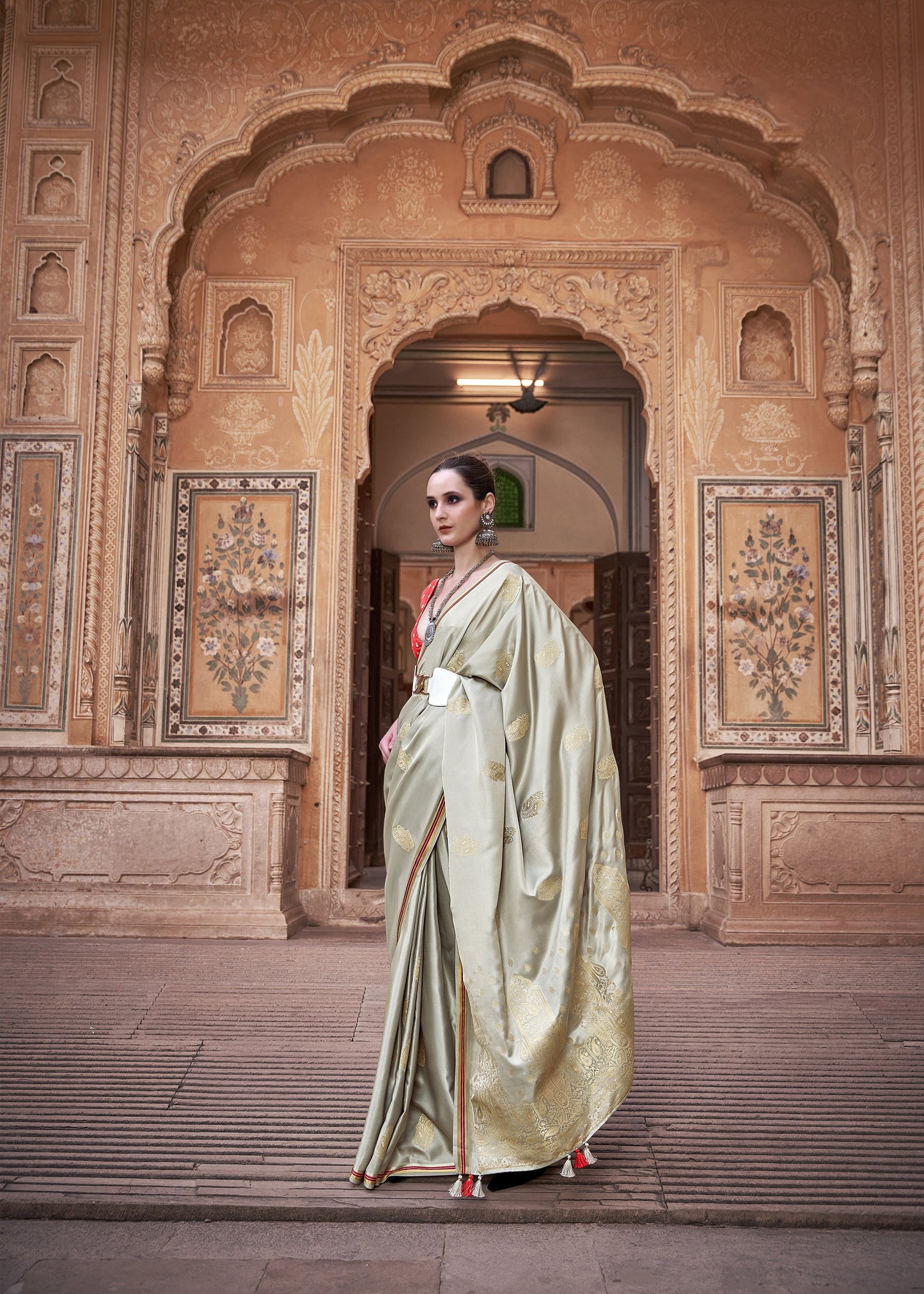Golden Grey Pure Satin Saree with Zari Weaving Border and Unstitched Blouse Piece