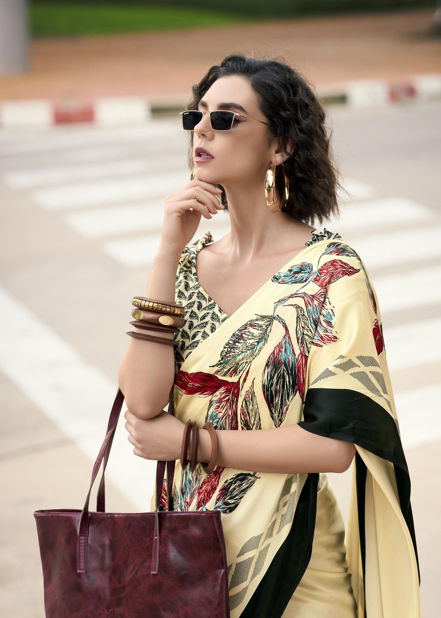 Digital Printed Satin Saree with Unstiched Blouse