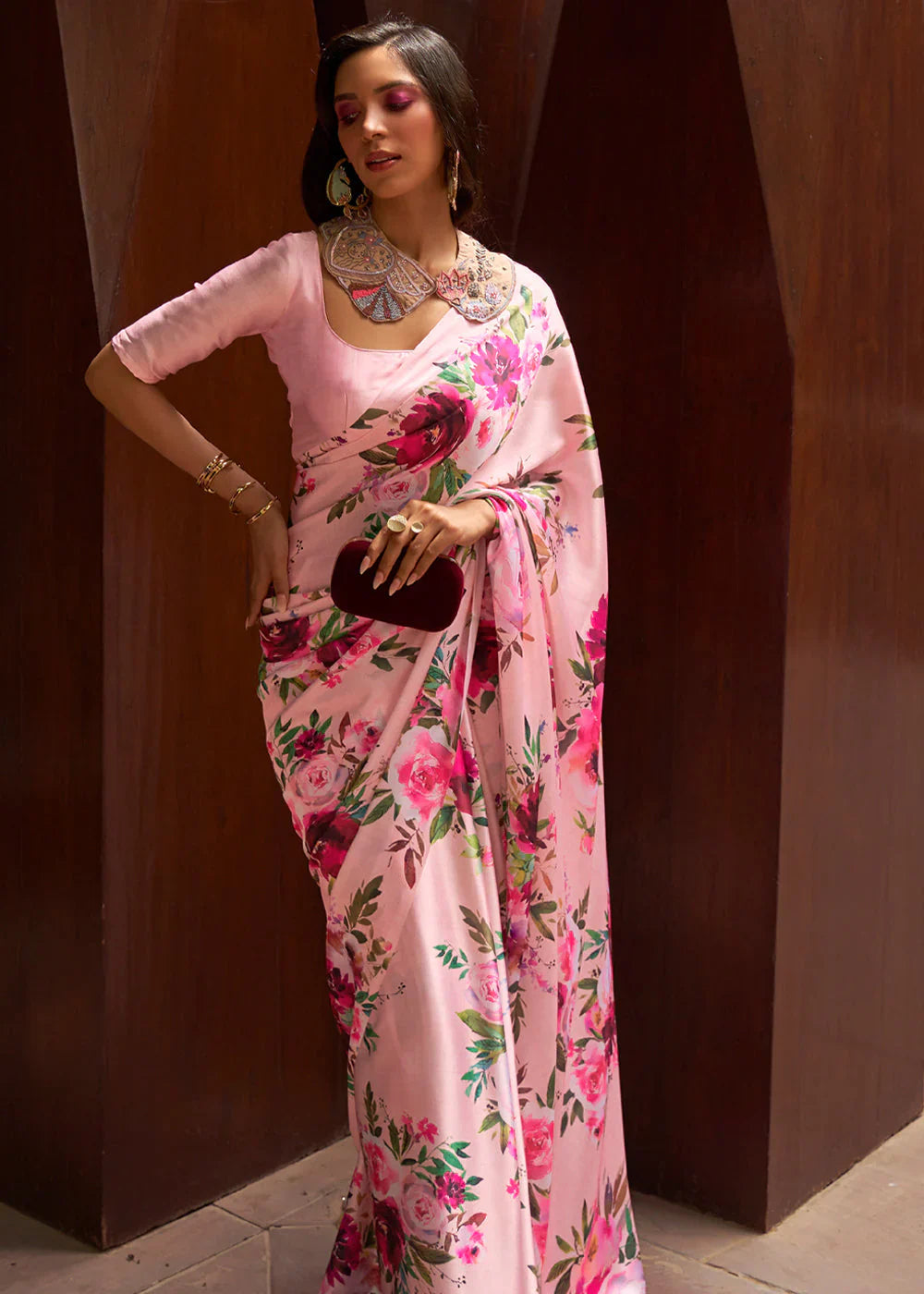 Digital Printed Satin Saree with Unstiched Blouse