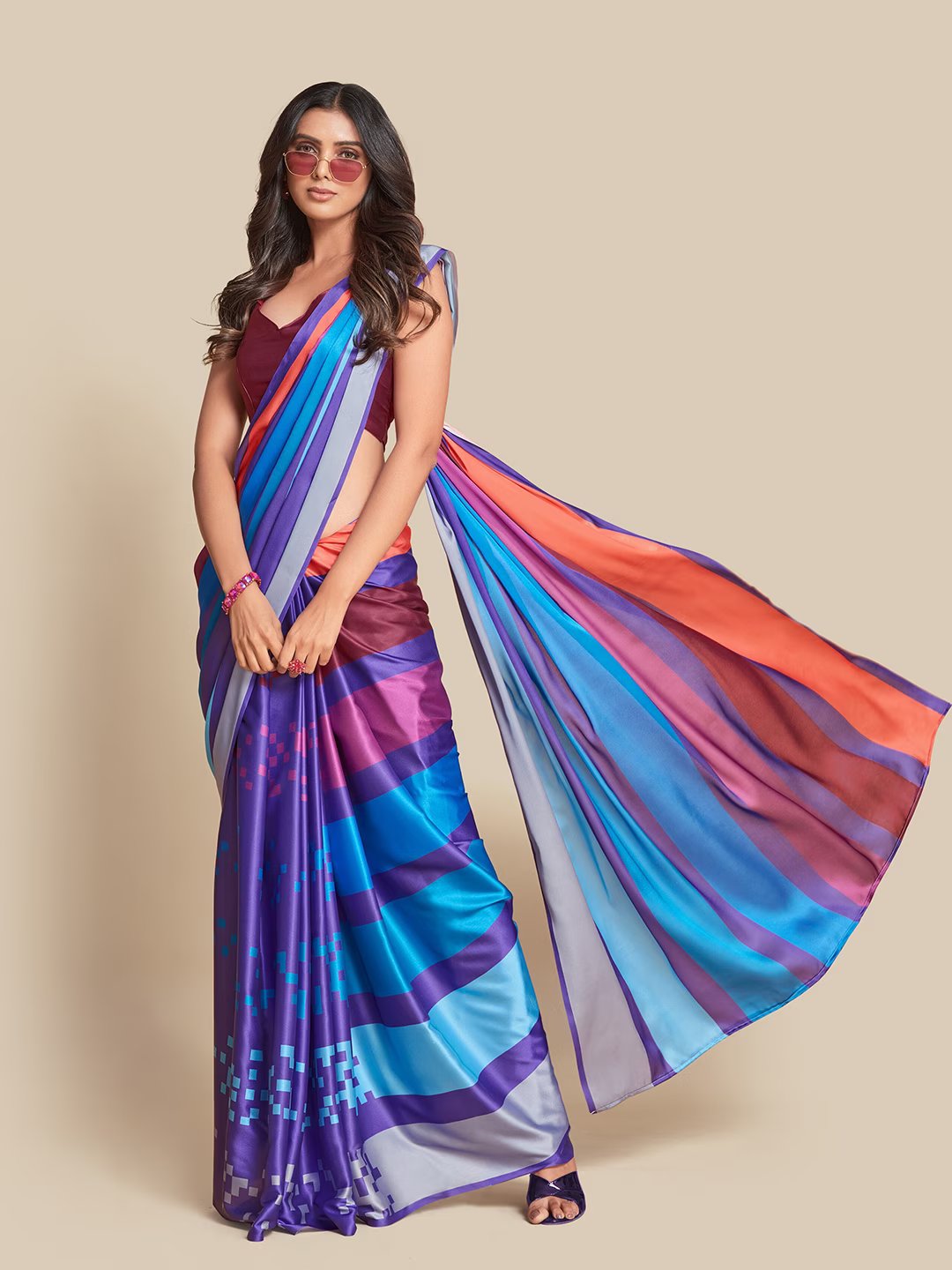 Digital Printed Satin Saree with Unstiched Blouse