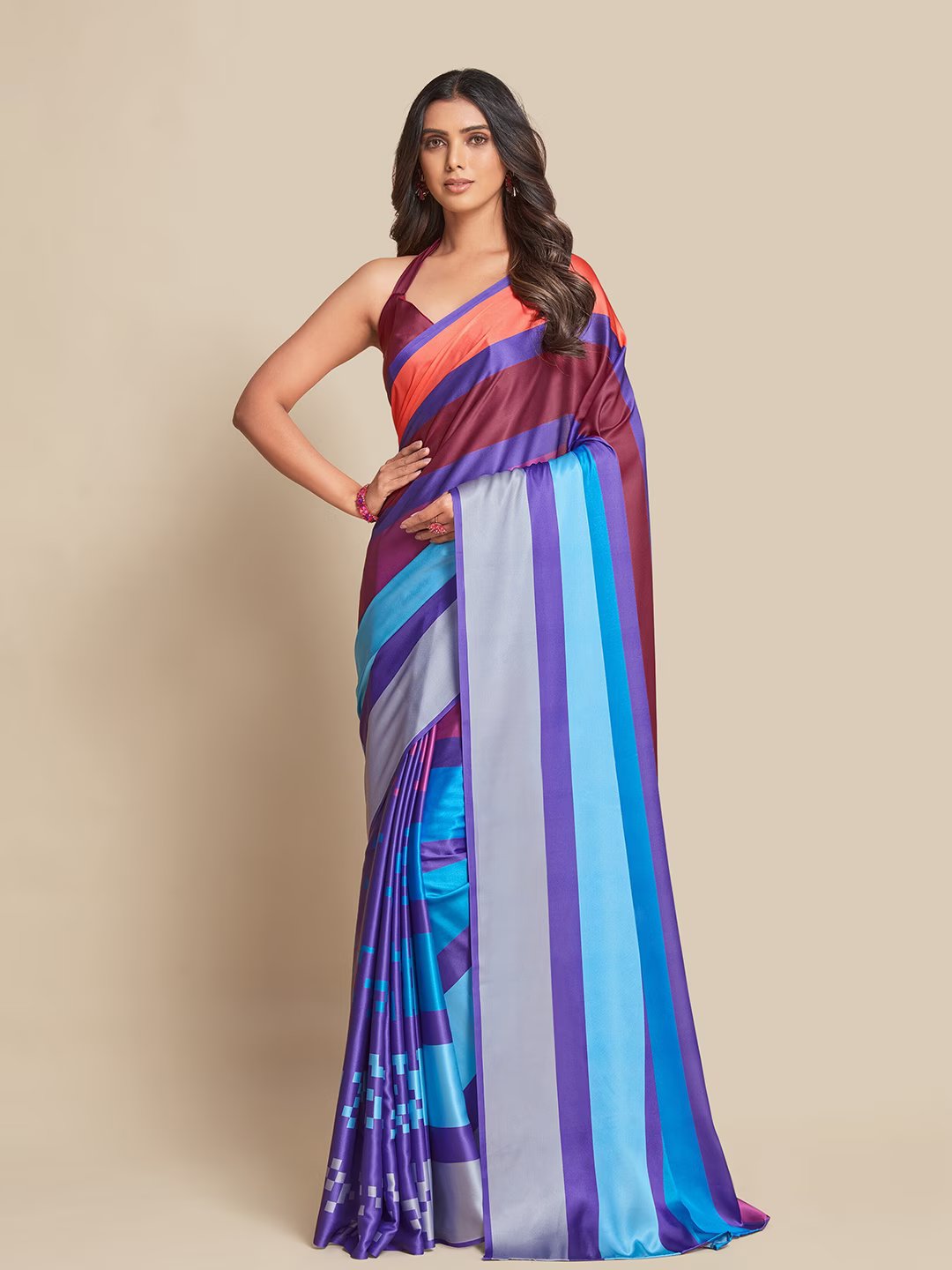 Digital Printed Satin Saree with Unstiched Blouse