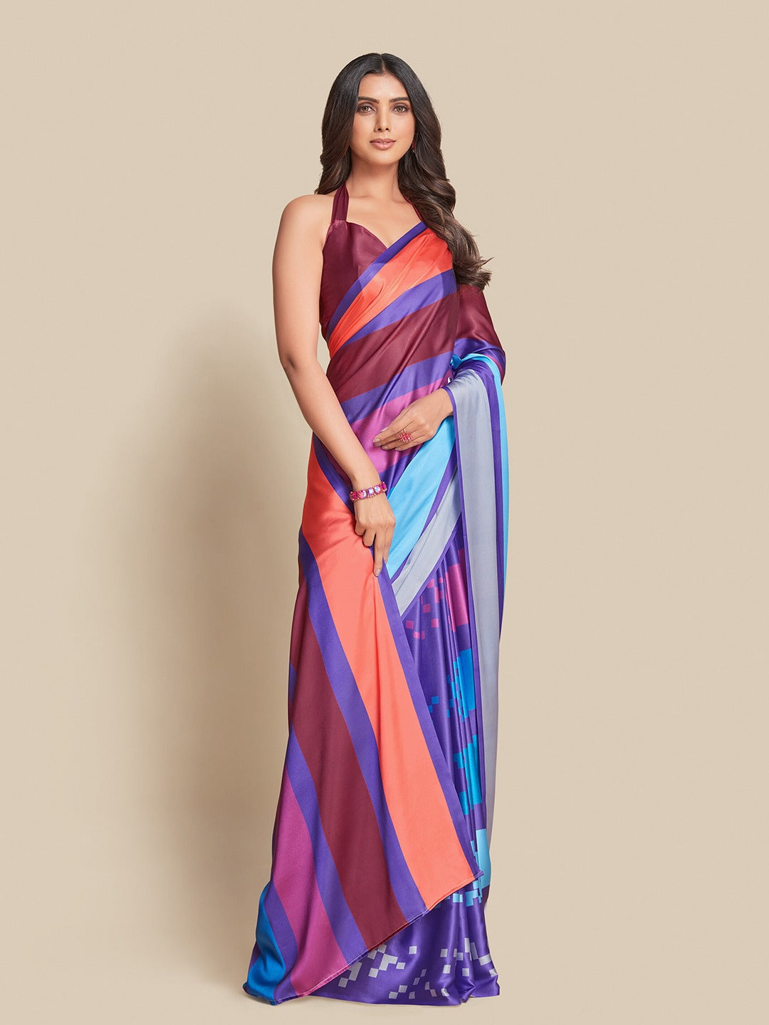 Digital Printed Satin Saree with Unstiched Blouse