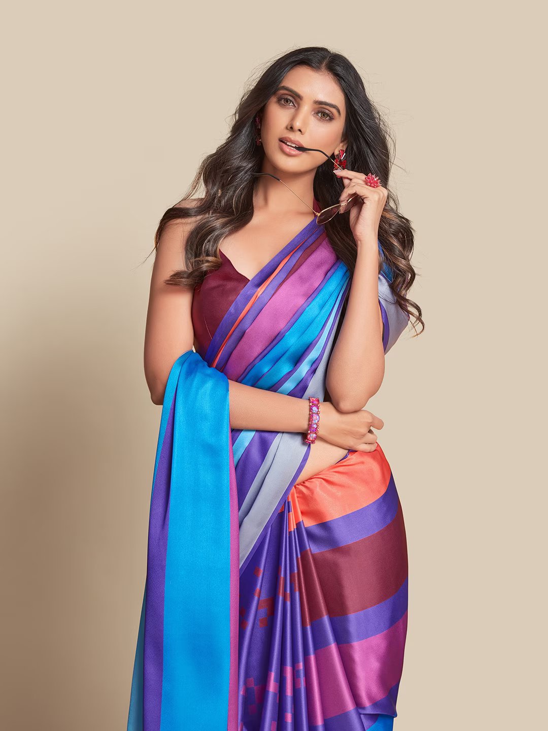 Digital Printed Satin Saree with Unstiched Blouse