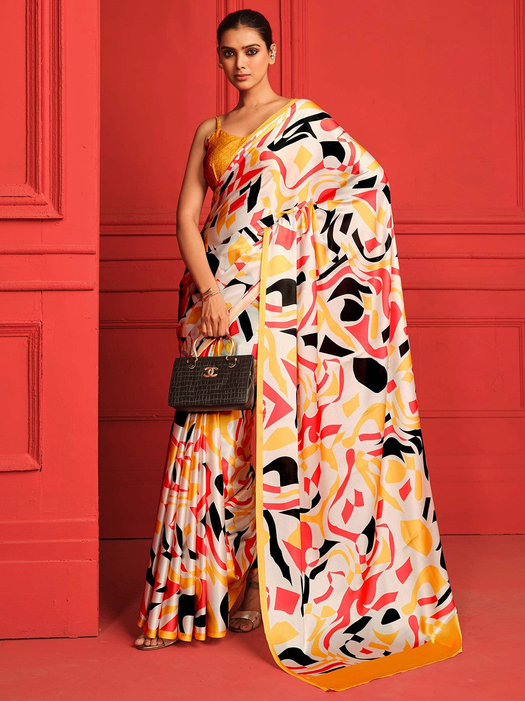Digital Printed Satin Saree with Unstiched Blouse