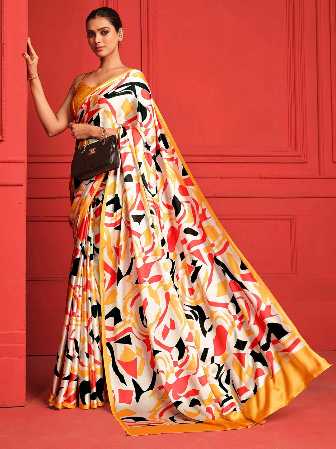 Digital Printed Satin Saree with Unstiched Blouse