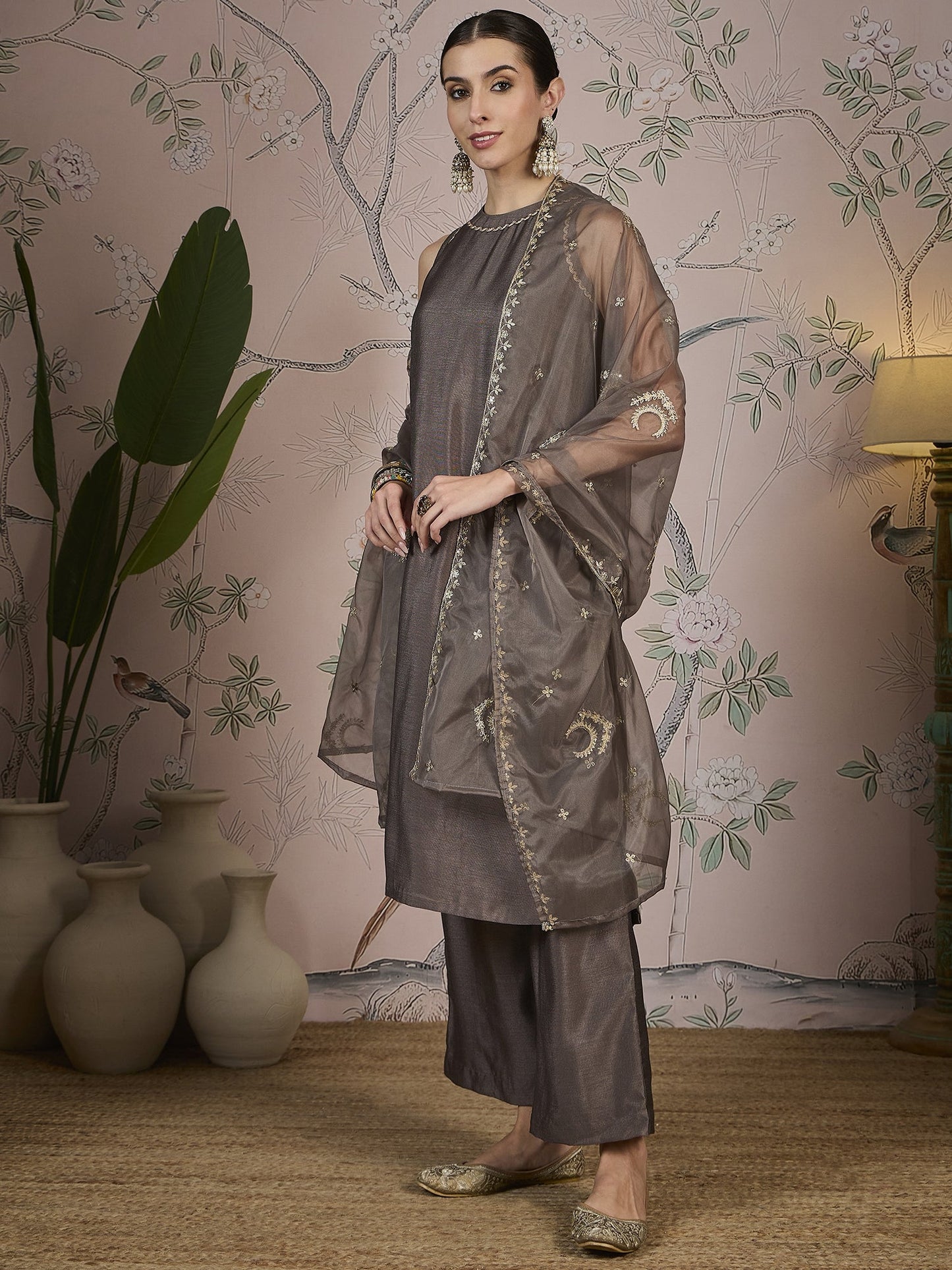 Taupe Bronze Silk Blend Kurta, Pant and Organaza Dupatta Set