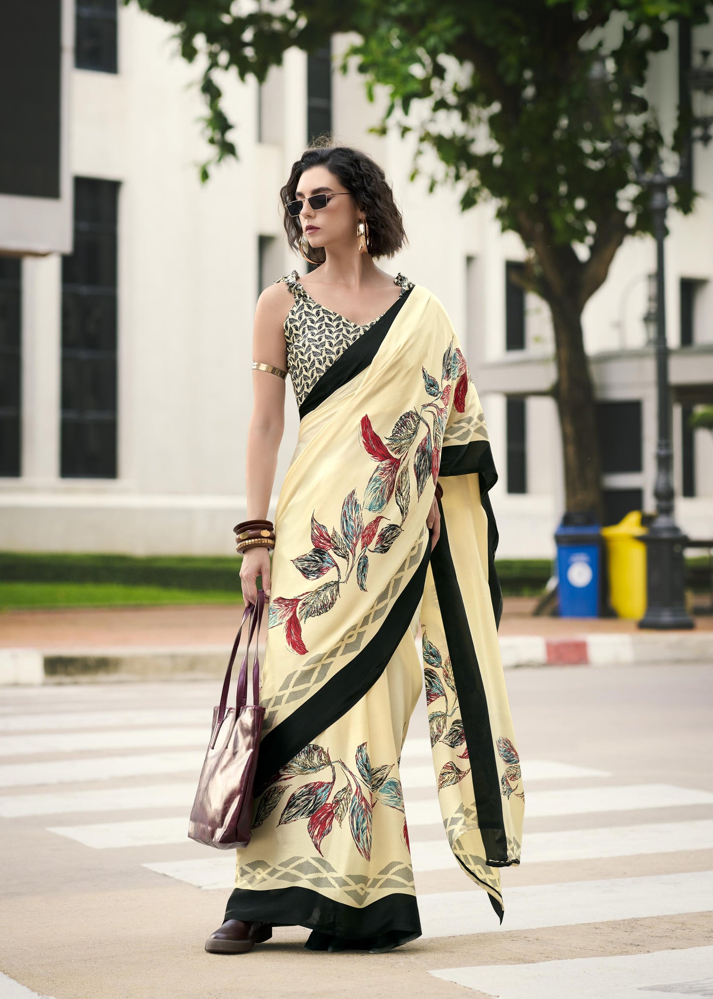 Digital Printed Satin Saree with Unstiched Blouse