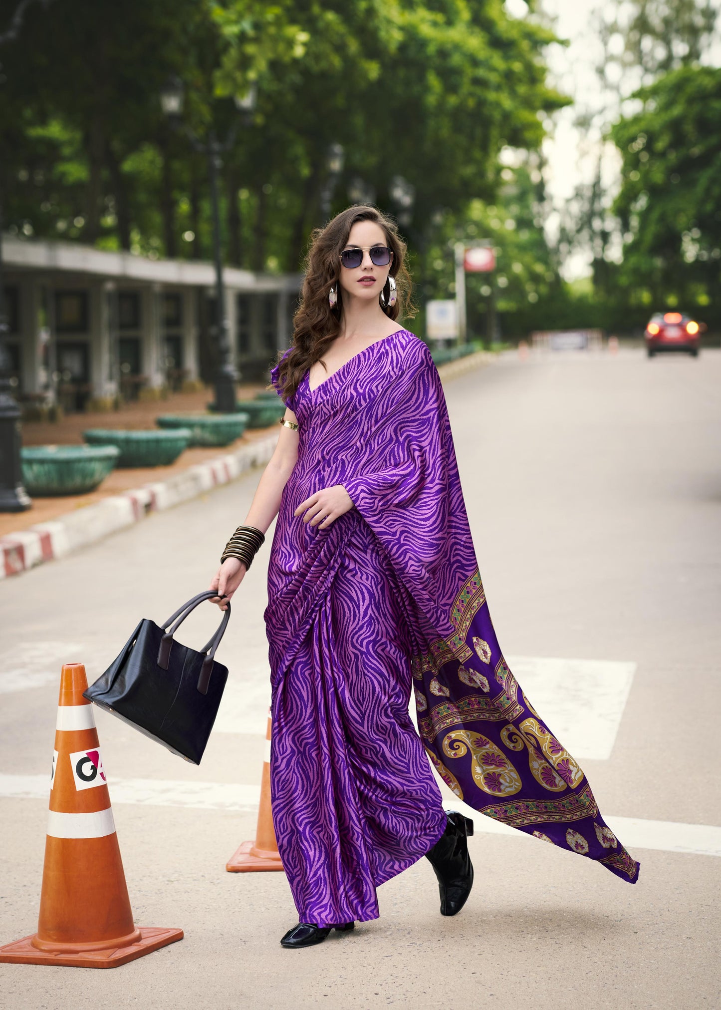 Digital Printed Satin Saree with Unstiched Blouse
