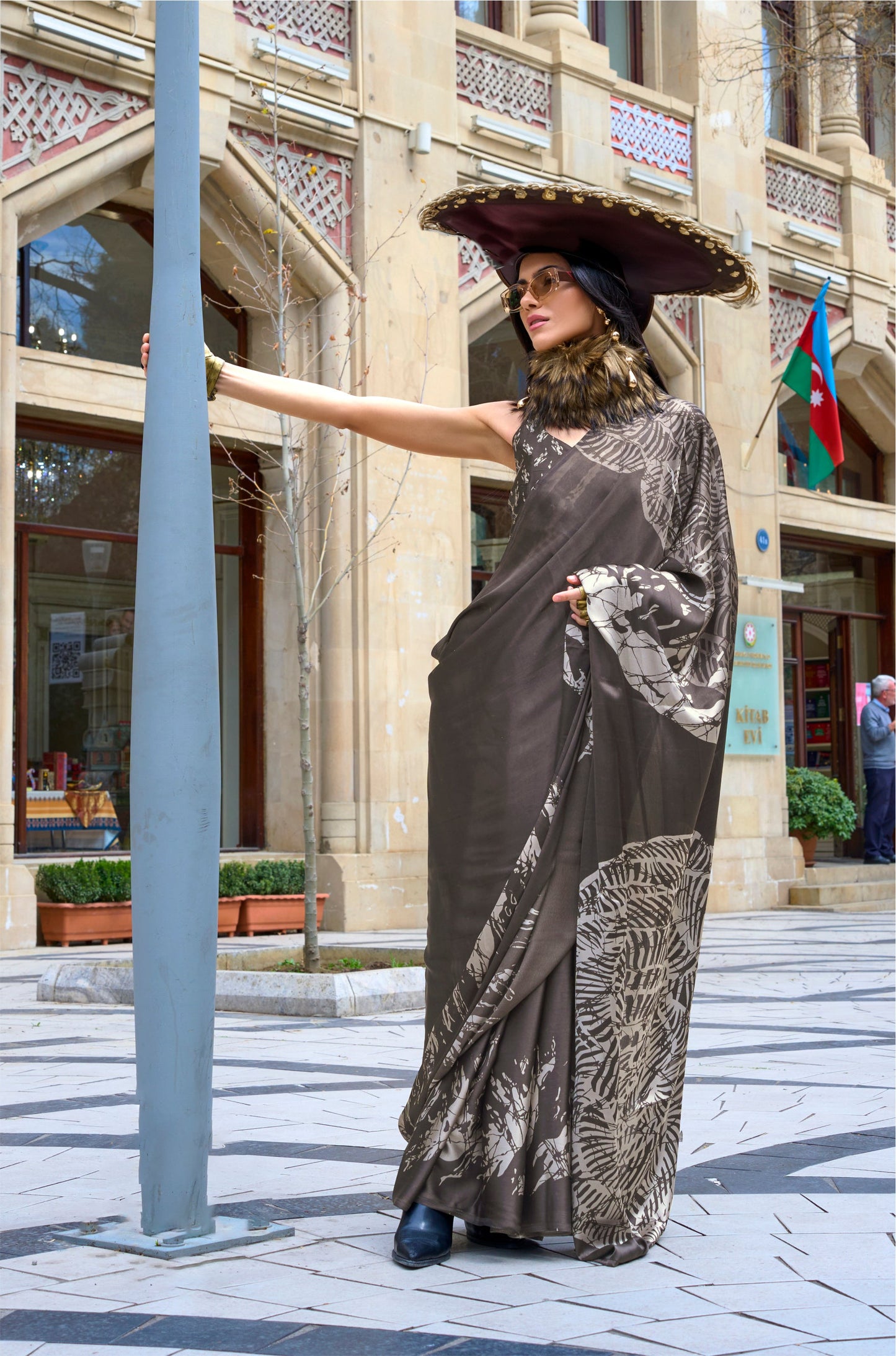 Digital Printed Satin Saree with Unstiched Blouse