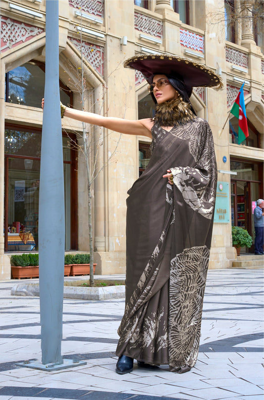 Digital Printed Satin Saree with Unstiched Blouse