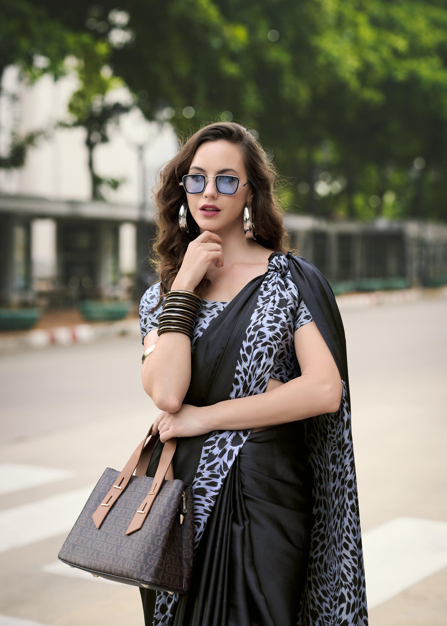 Digital Printed Satin Saree with Unstiched Blouse