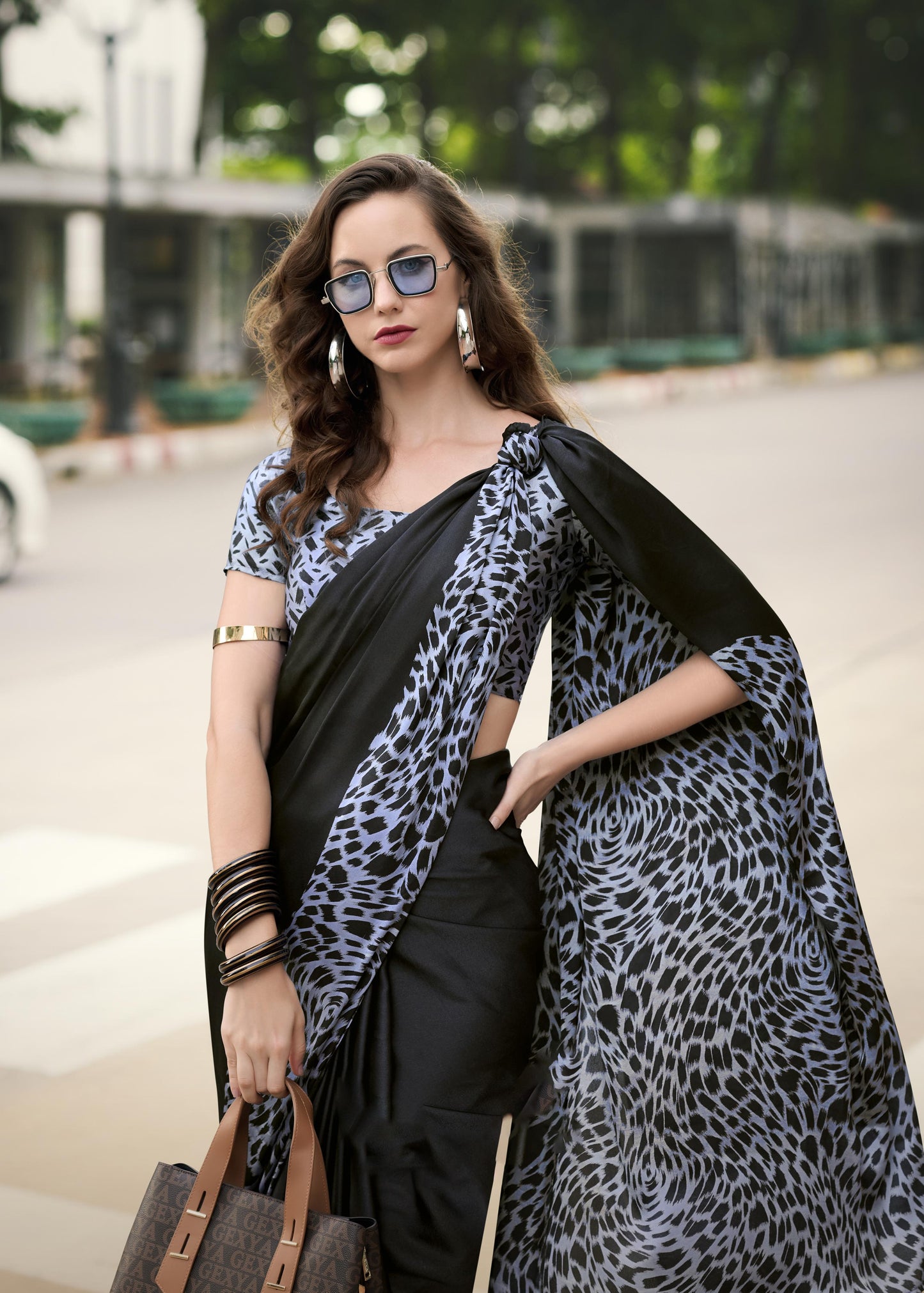 Digital Printed Satin Saree with Unstiched Blouse