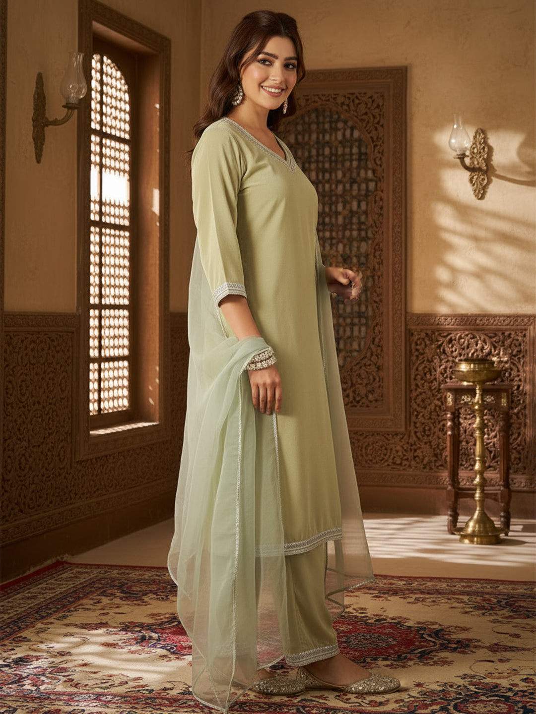 Velvet Straight-Cut Kurta, Pant with Dupatta