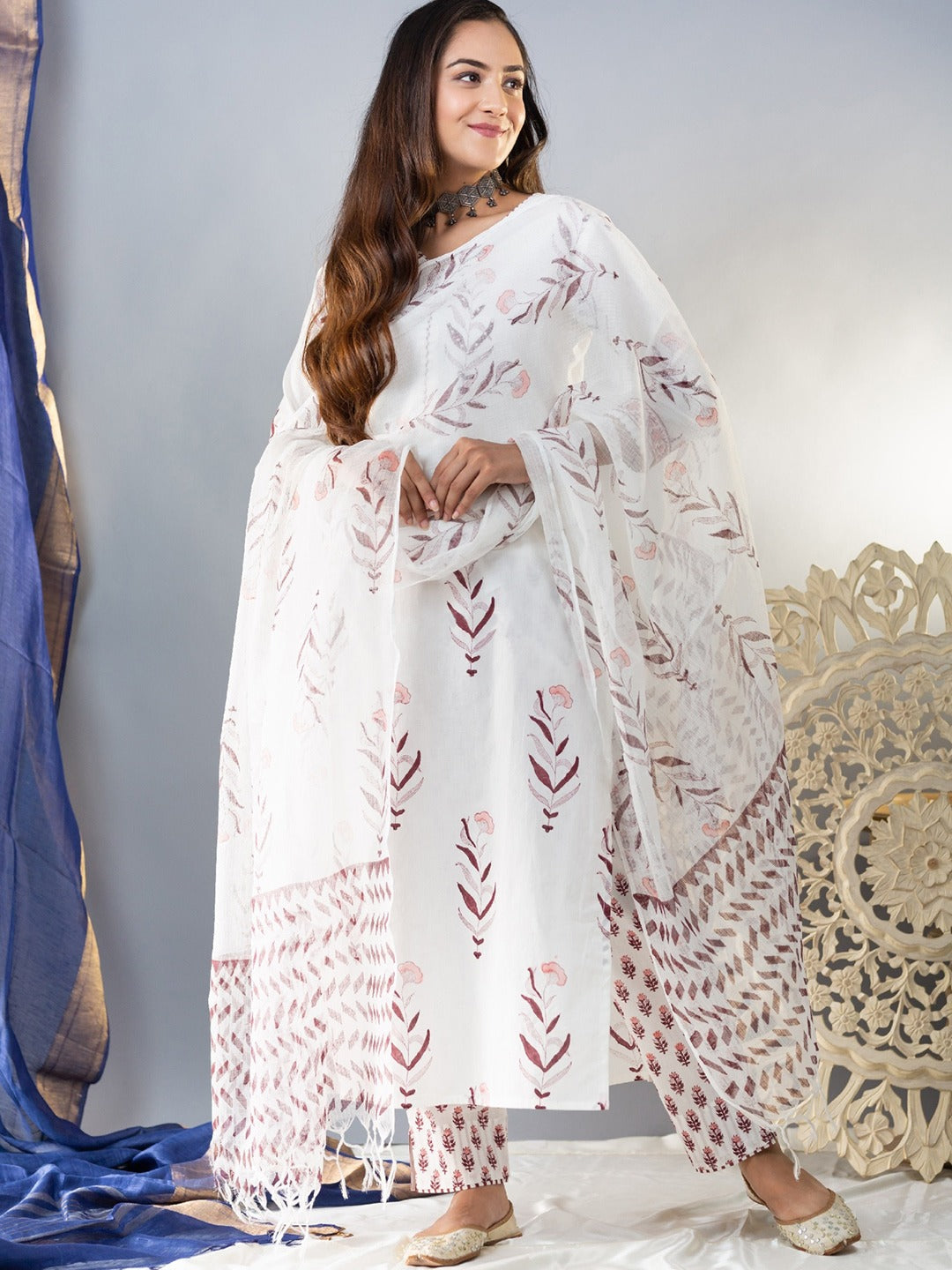 White Cotton Blend Printed Kurta, Pant, & Dupatta Set