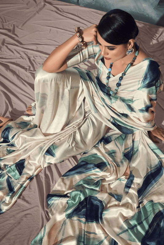 Digital Printed Satin Saree with Unstiched Blouse