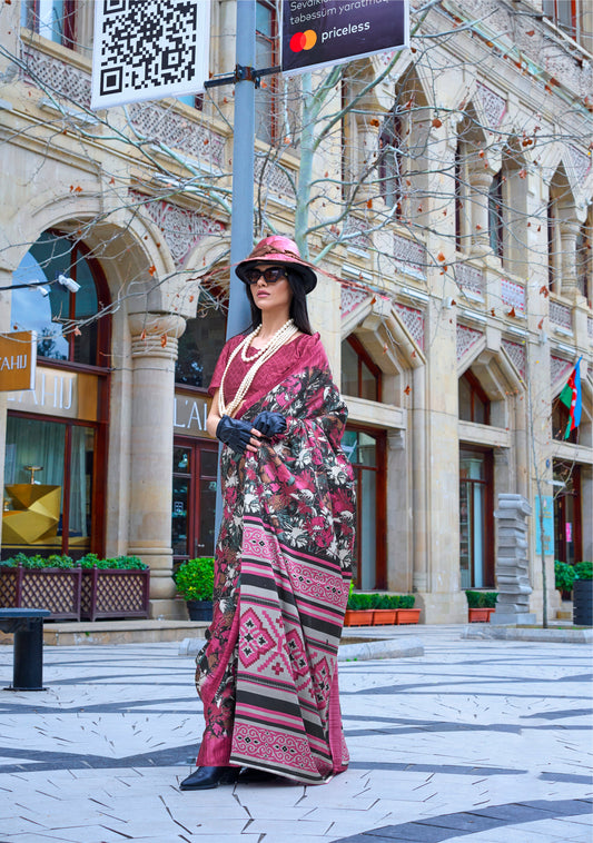 Digital Printed Satin Saree with Unstiched Blouse