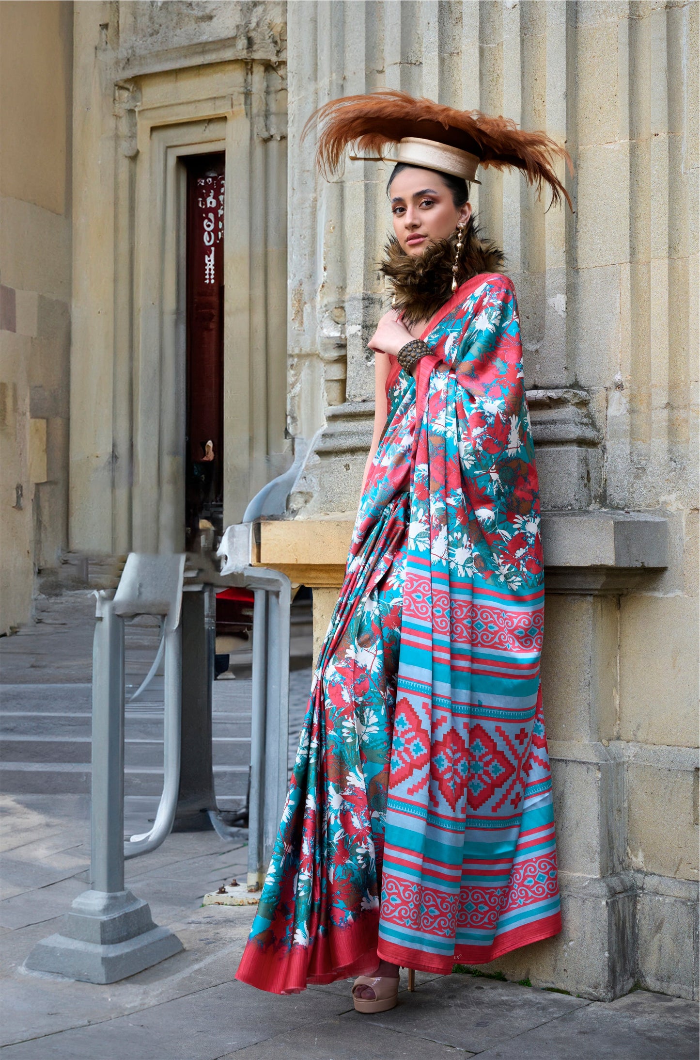 Digital Printed Satin Saree with Unstiched Blouse