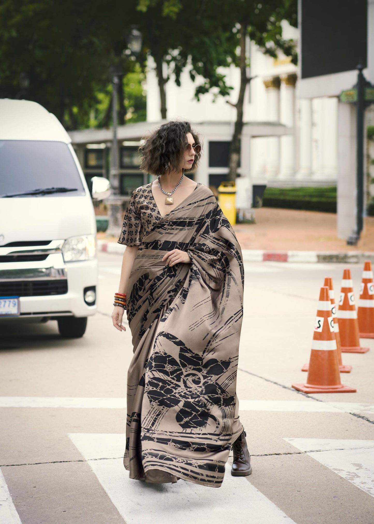 Digital Printed Satin Saree with Unstiched Blouse