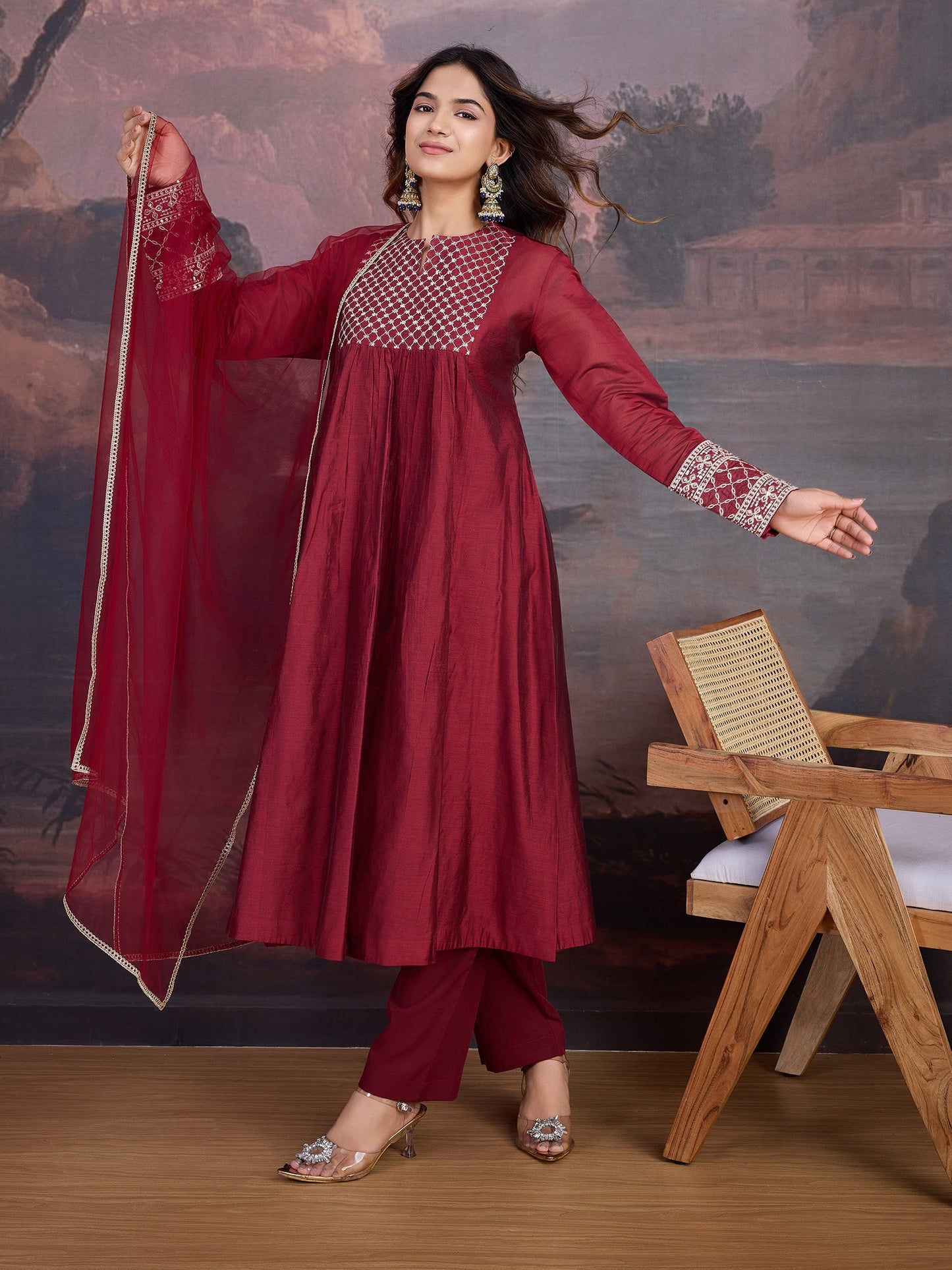 Red Chanderi Cotton Silk Kurta with Pant, & Net Dupatta