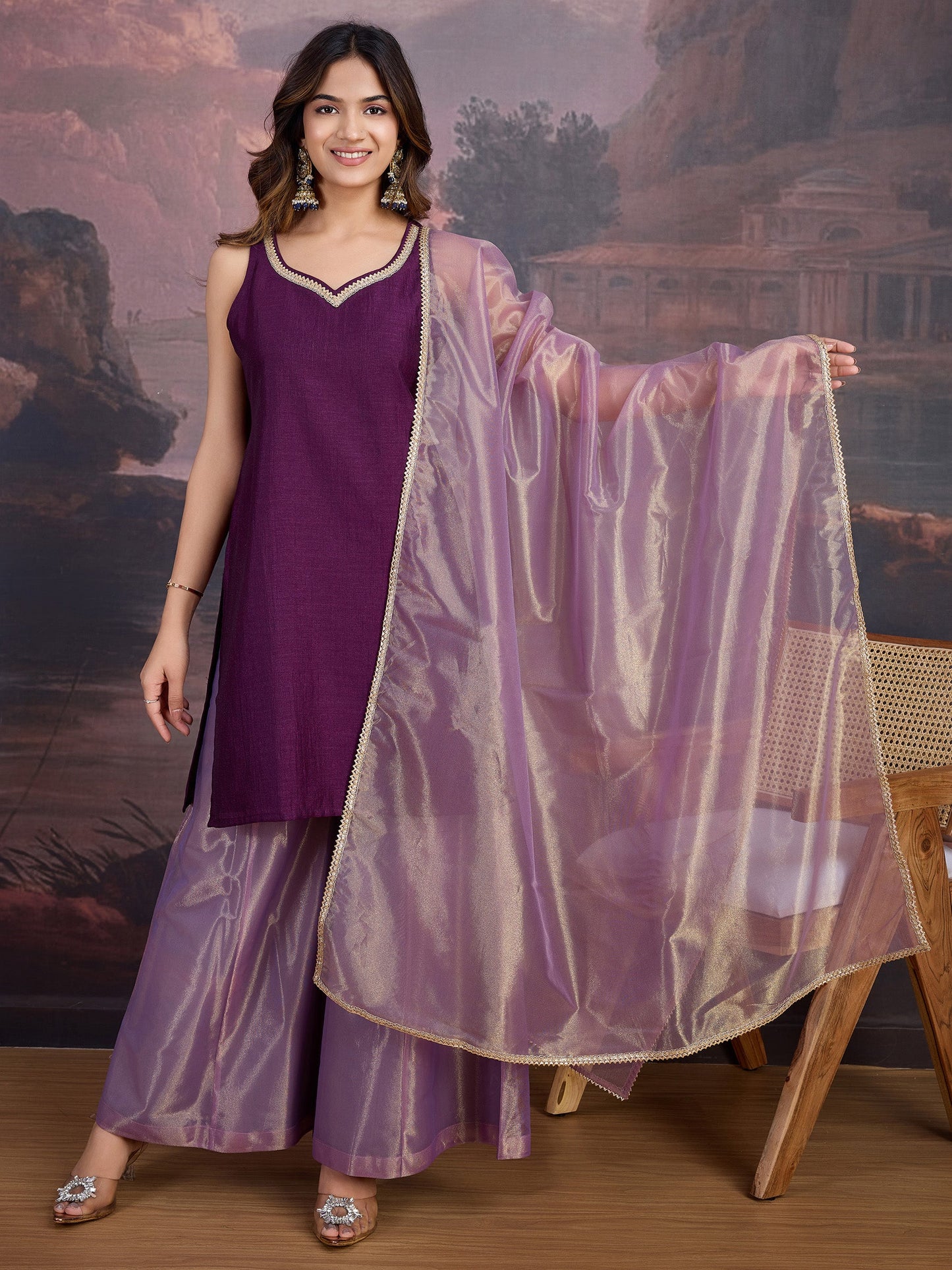 Vichitra Silk Blend Kurta, Net Palazzo, and Net Dupatta Set with Inner