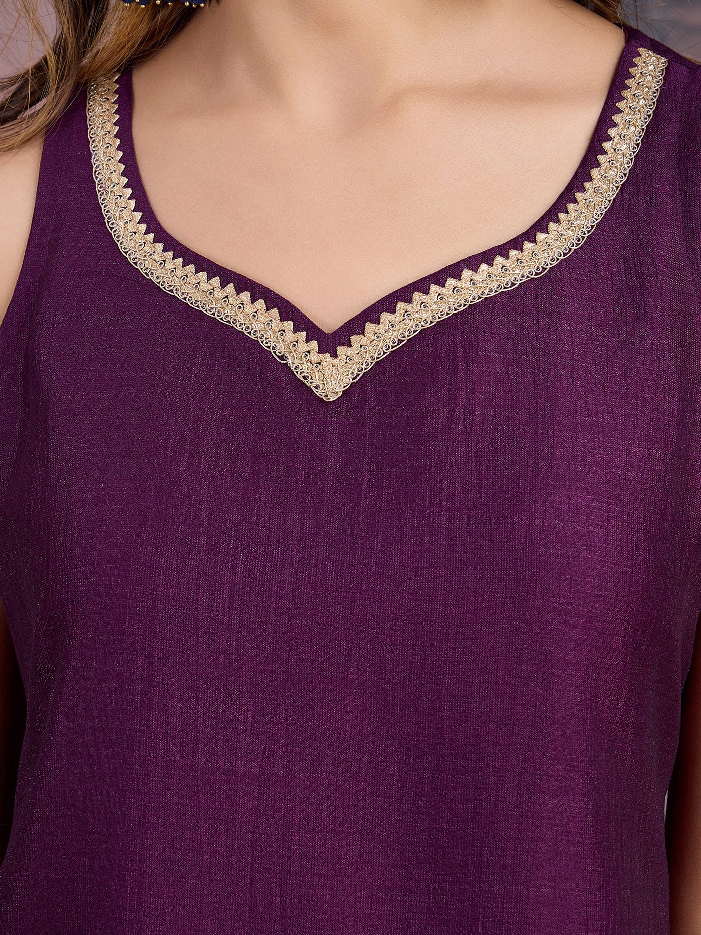 Vichitra Silk Blend Kurta, Net Palazzo, and Net Dupatta Set with Inner