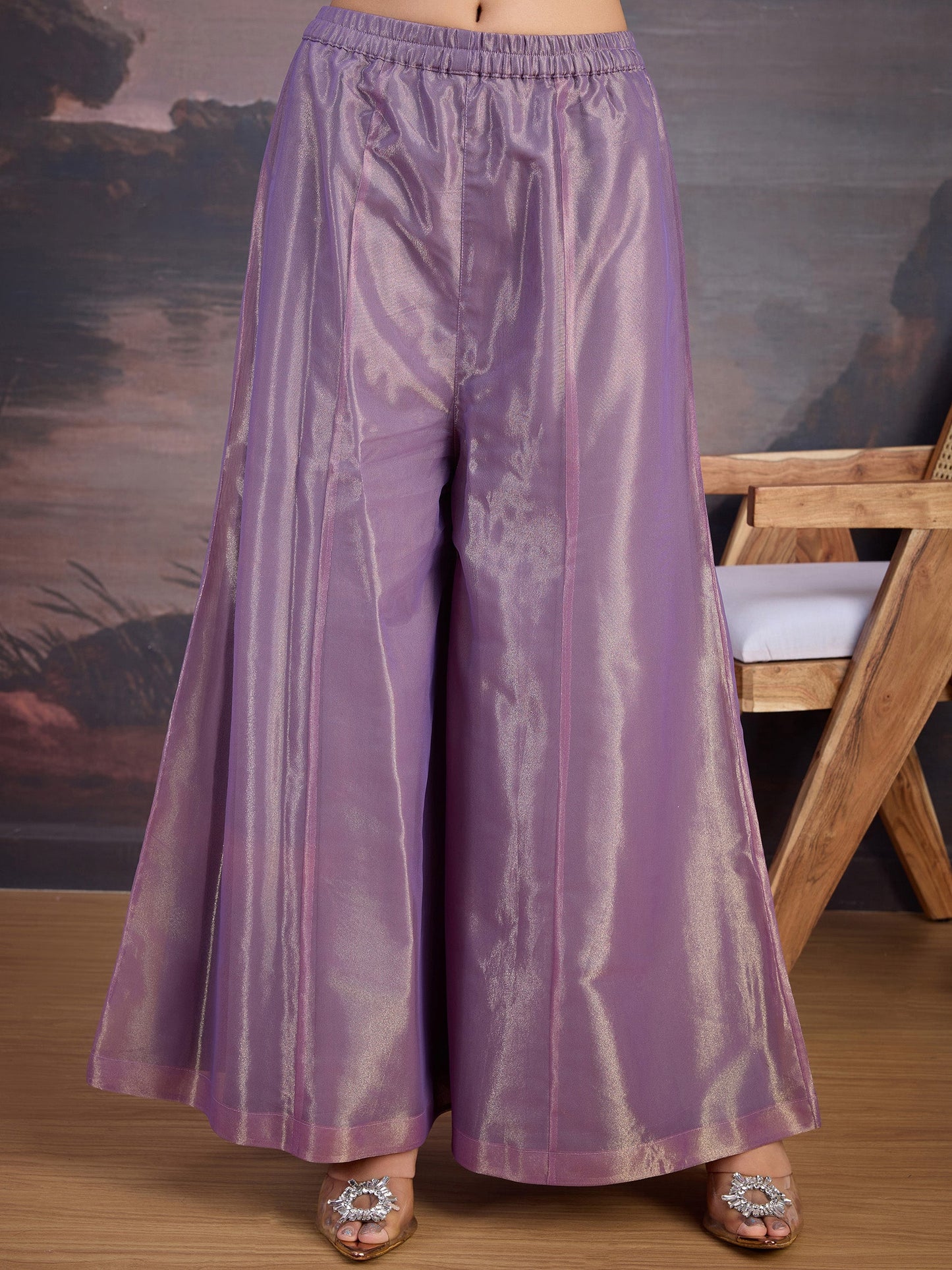 Vichitra Silk Blend Kurta, Net Palazzo, and Net Dupatta Set with Inner