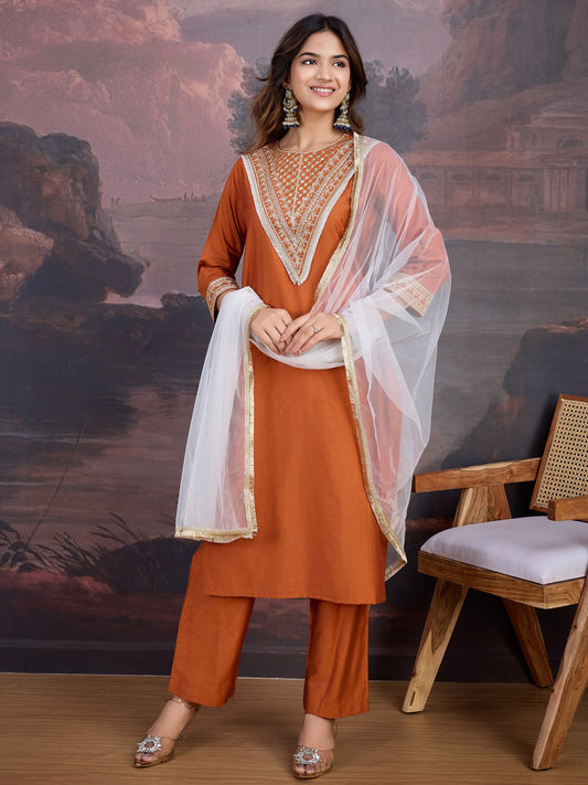 Silk Blend Embroidered Round Neck Kurta, Pant and Dupatta Set
