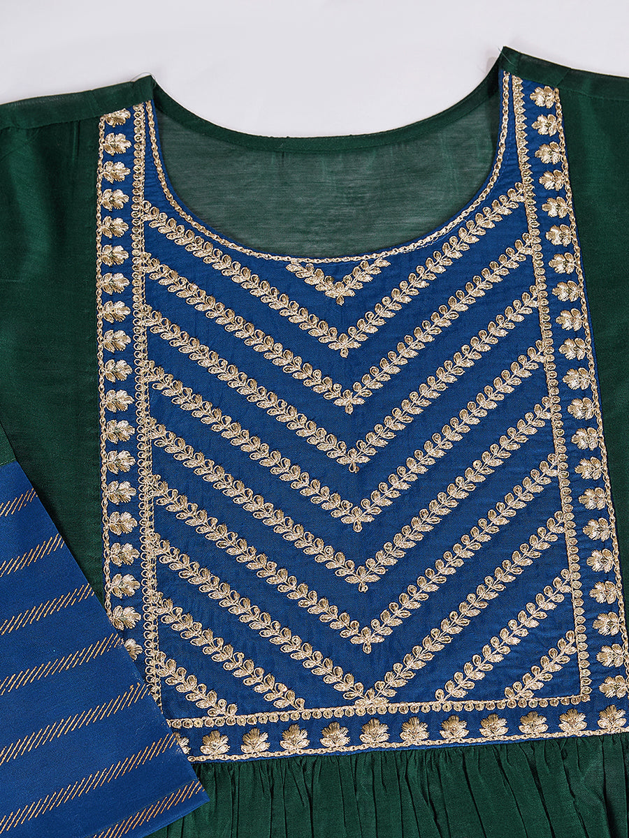 Blue & Green Chanderi Cotton Silk Kurta with Pants & Dupatta