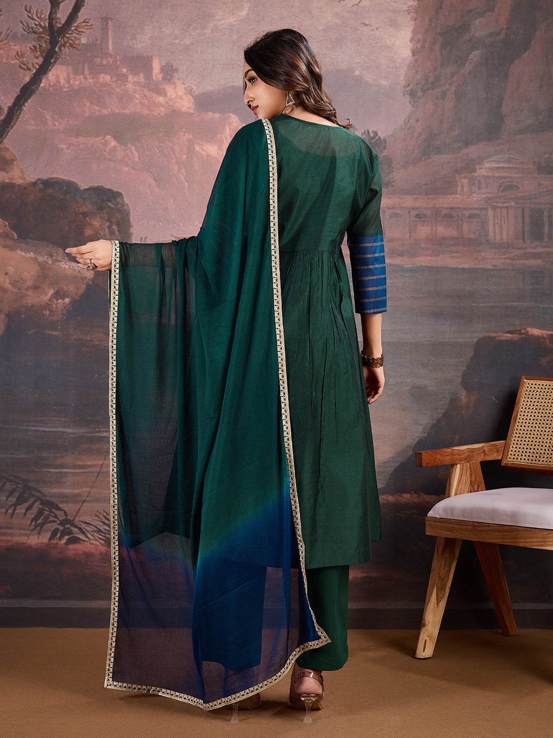 Blue & Green Chanderi Cotton Silk Kurta with Pants & Dupatta