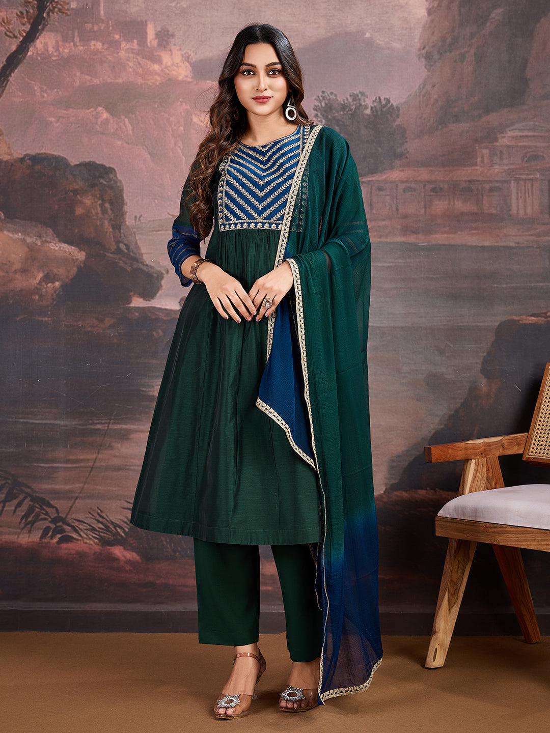 Blue & Green Chanderi Cotton Silk Kurta with Pants & Dupatta