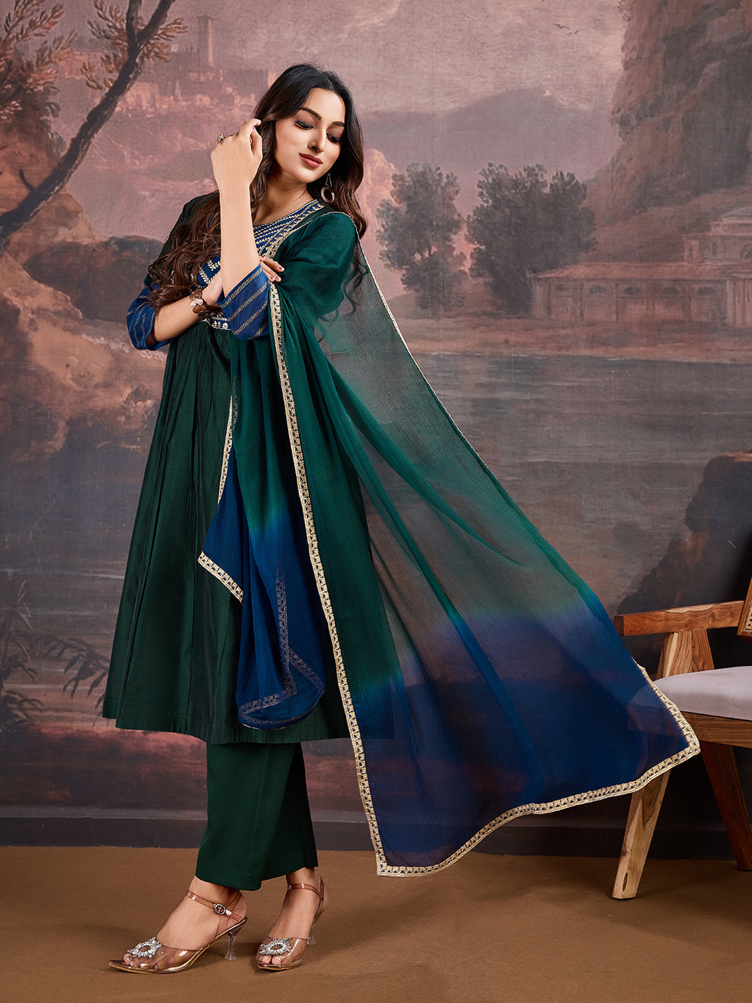 Blue & Green Chanderi Cotton Silk Kurta with Pants & Dupatta