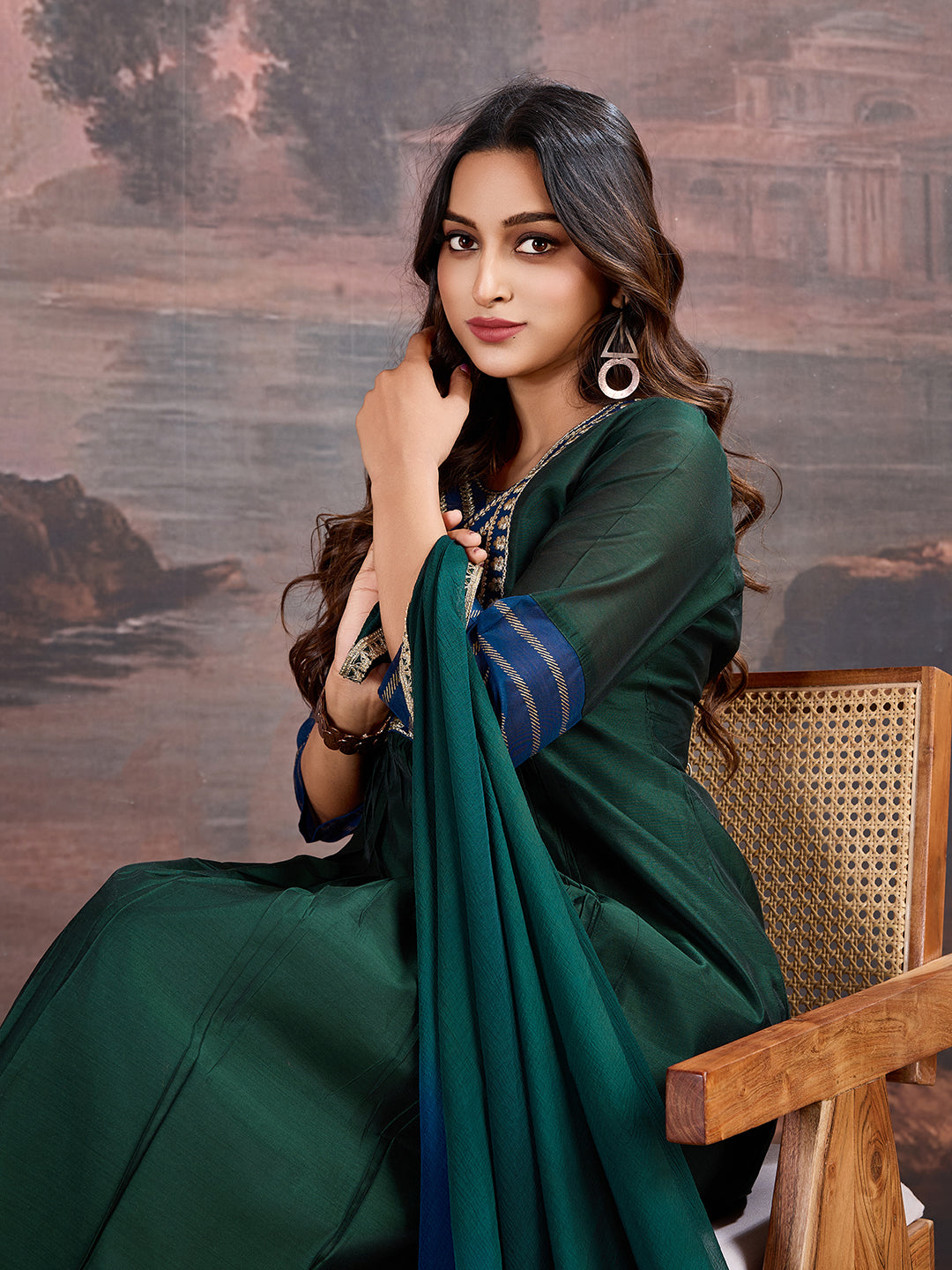 Blue & Green Chanderi Cotton Silk Kurta with Pants & Dupatta