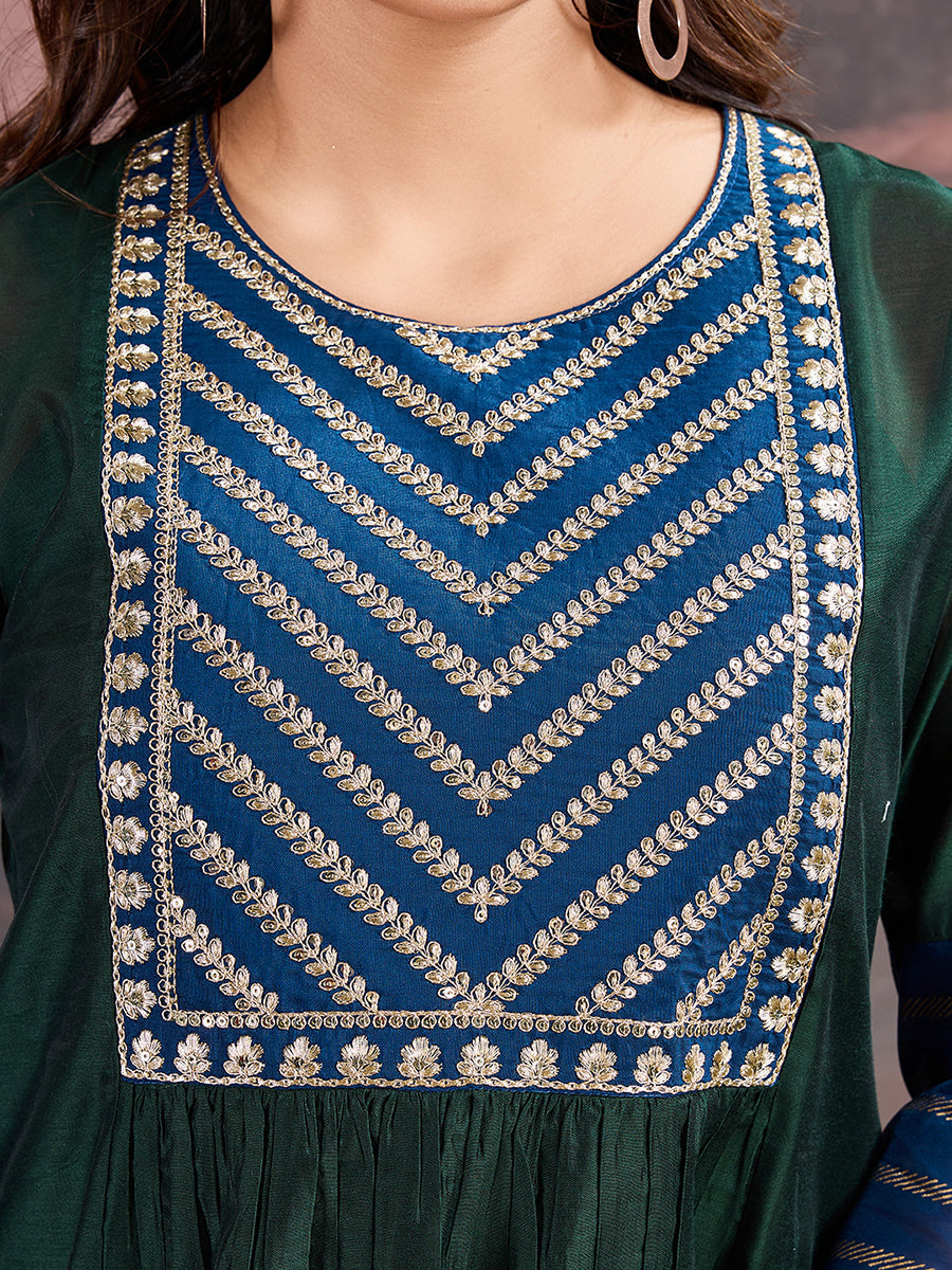 Blue & Green Chanderi Cotton Silk Kurta with Pants & Dupatta